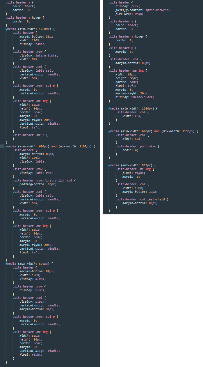 Сравнение CSS-кода шапки на флексбоксах и без флексбоксов